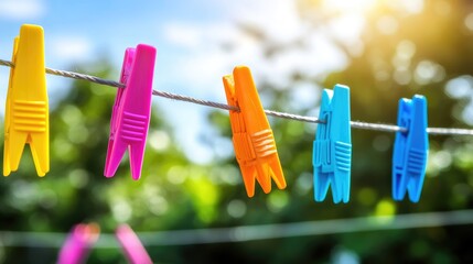 Colorful Clothespins Hanging on a Clothesline Against a Bright Sky