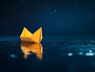 A serene image of a yellow paper boat floating on calm water under a starry night sky.