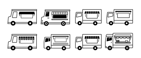 フードトラックのアイコン。キッチンカーのベクターのイラストセット。軽食を移動販売車で売るカフェビジネス。
