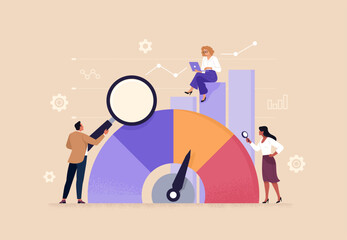 Benchmark Performance Concept. Vector cartoon illustration of a group of diverse business people engaged in analyzing and comparing the results of measuring indicators. Isolated on background. © nadzeya26