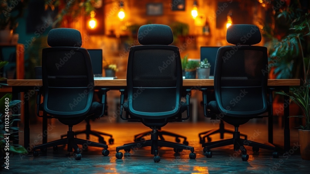Poster three black office chairs are arranged around a table. the chairs are facing the camera and the tabl