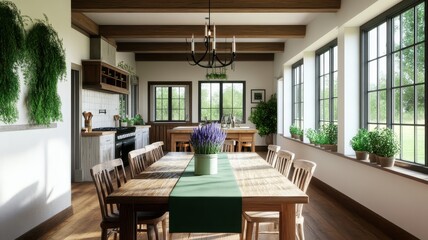 Fototapeta premium Charming farmhouse dining room adorned with lush greenery for a cozy, inviting atmosphere.