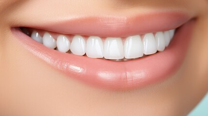 Radiant and bright smile showcasing perfect white teeth against a soft blurred teal background