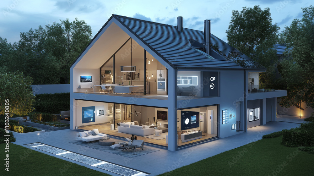Poster 3d blueprint plan of smart home with icons iot devices. smart home conceptual banner. building house