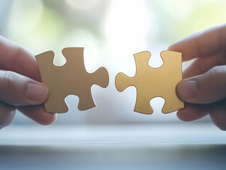 Two hands holding puzzle pieces, symbolizing connection, collaboration, and problem-solving in a soft, blurred background.