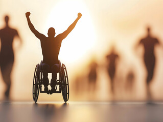 A determined athlete in a wheelchair celebrates victory as runners pass by, symbolizing resilience and empowerment in sports.