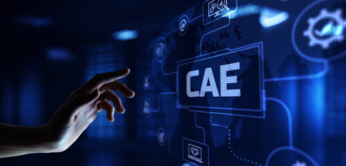 CAE Computer-aided engineering software system. Businessman pressing button on screen.