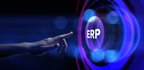 ERP Enterprise Resources planning software system business process automation concept. Hand pressing button on screen.
