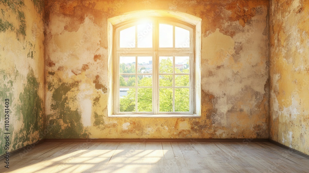 Poster a room with a window and a wall that is peeling. the room is empty and has a lot of sunlight coming 