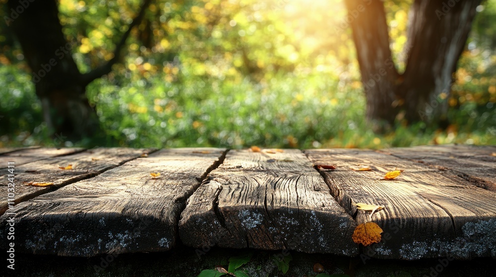Poster a wooden table with a view of trees and leaves. the table is empty and the leaves are scattered arou