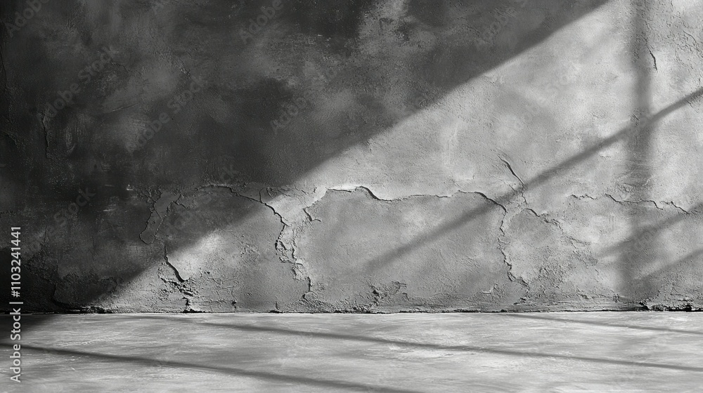 Poster a wall with a shadow on it. the wall is made of concrete and has a rough texture. the shadow is cast