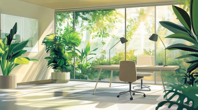 Illustration of business open green modern office daytime daylight. Working culture chill happy enjoy workplace work life balance plant green interior sustainable design contemporary sustainability