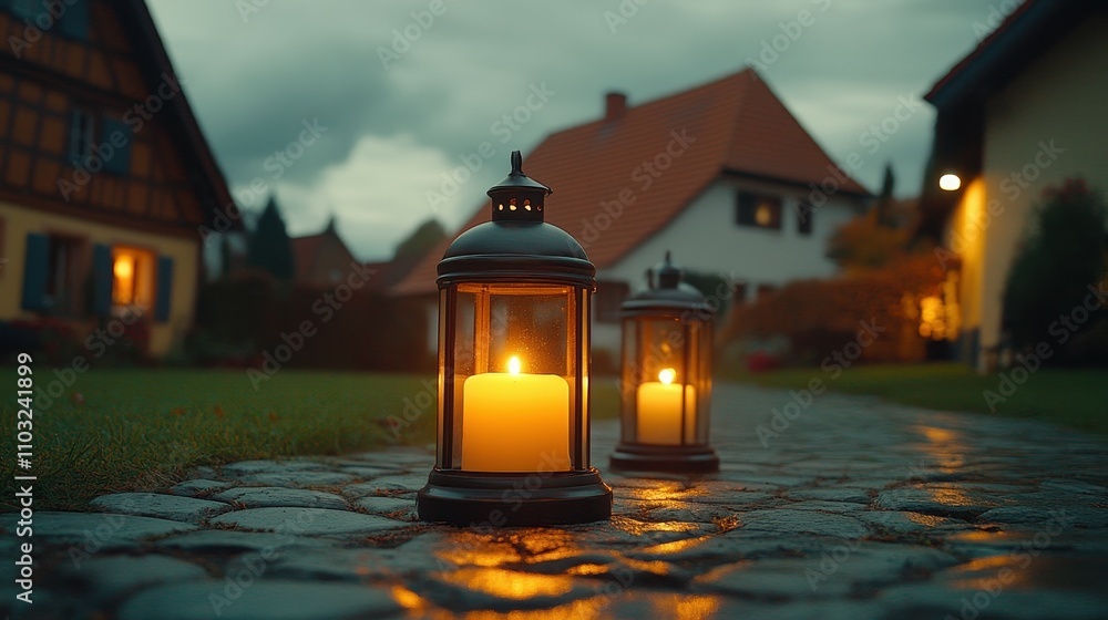 Poster two candles are lit on a path in front of a house. the candles are lit in a way that they are not to
