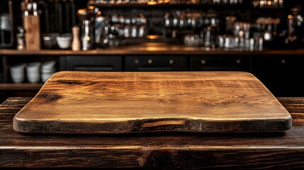 A wooden cutting board sits on a counter in a bar. The counter is cluttered with various items, including several wine glasses and cups. Concept of relaxation and enjoyment