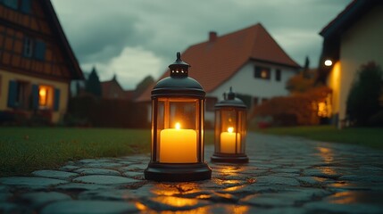 Two candles are lit on a path in front of a house. The candles are lit in a way that they are not too close to each other, but they are lit enough to create a warm and inviting atmosphere