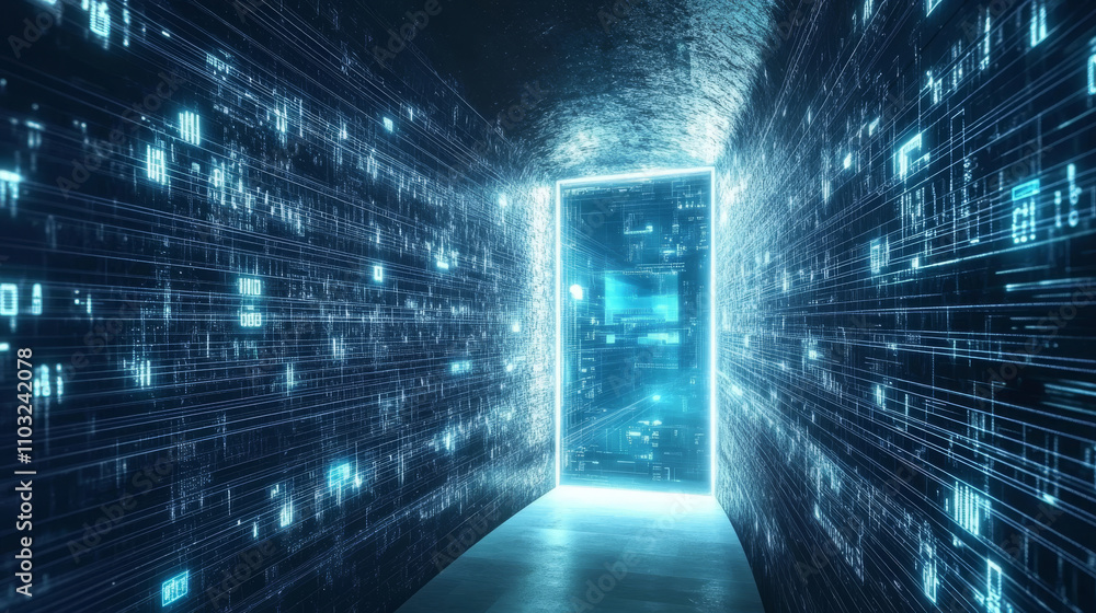 Poster abstract door in tunnel with digital data center light signals. future computer technology concept o