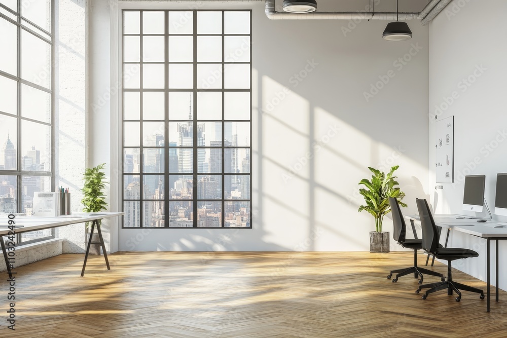 Poster A bright and modern office space with large windows overlooking a city skyline. Two desks with computers are set up, with a plant in the corner.