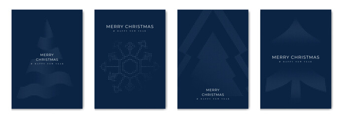 Merry Christmas and Happy New Year greeting card vector set. Luxury invitation with Christmas tree, snowflake, spot texture on navy blue background. Design illustration for season's card, ads.