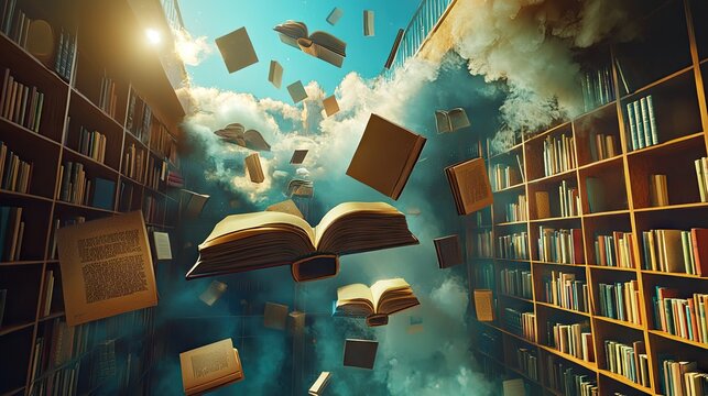 Surreal dreamscape with floating books