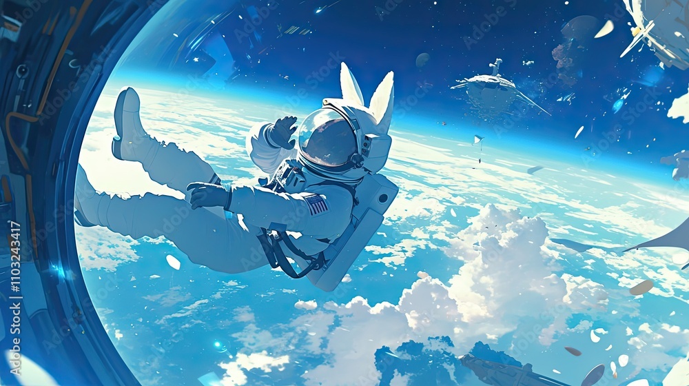 Canvas Prints bunny astronaut floating above earthly clouds