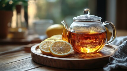 Close-up of a freshly brewed cup of tea with a teapot and steam rising, set on a wooden table