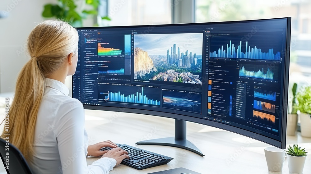 Poster a woman is sitting at a desk with a large monitor in front of her. she is typing on a keyboard and l