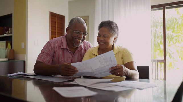Happy senior African American couple reviewing documents together at home, financial planning, teamwork, and retirement preparation with love and support. Smiling and relaxed indoors - Powered by Adobe