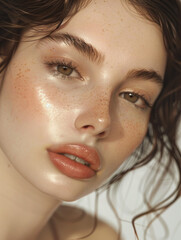 woman pose for a magazine, in the style of minimalist beauty, warm palettes, distinct facial features, hyper-realistic oil, drugcore, shiny/glossy, softly organic. 