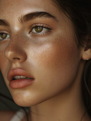 woman pose for a magazine, in the style of minimalist beauty, warm palettes, distinct facial features, hyper-realistic oil, drugcore, shiny/glossy, softly organic. 