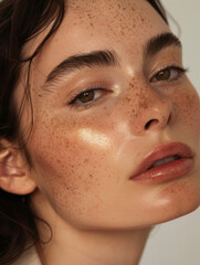 woman pose for a magazine, in the style of minimalist beauty, warm palettes, distinct facial features, hyper-realistic oil, drugcore, shiny/glossy, softly organic. 