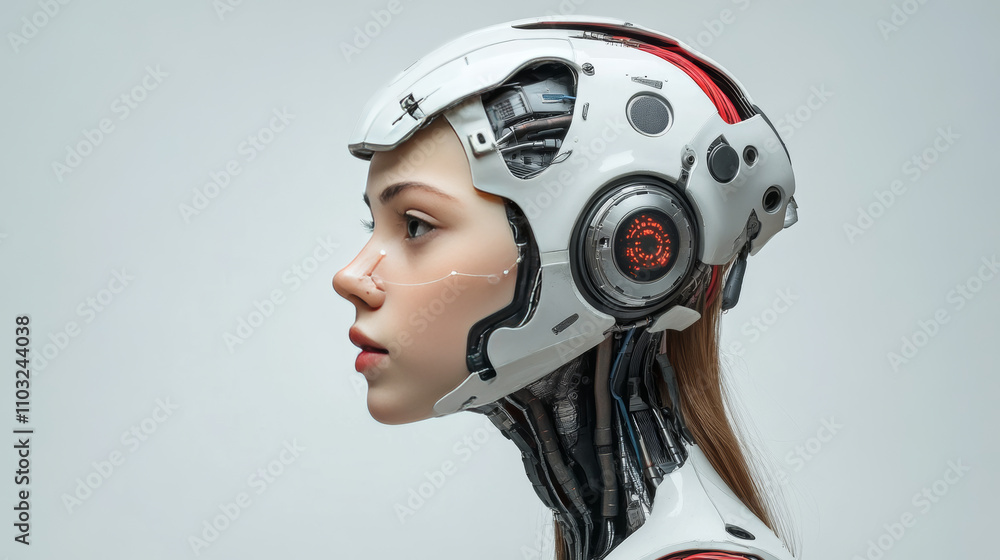 Poster artificial intelligence in image of cyborg girl with electronic brain. neural network trained using 