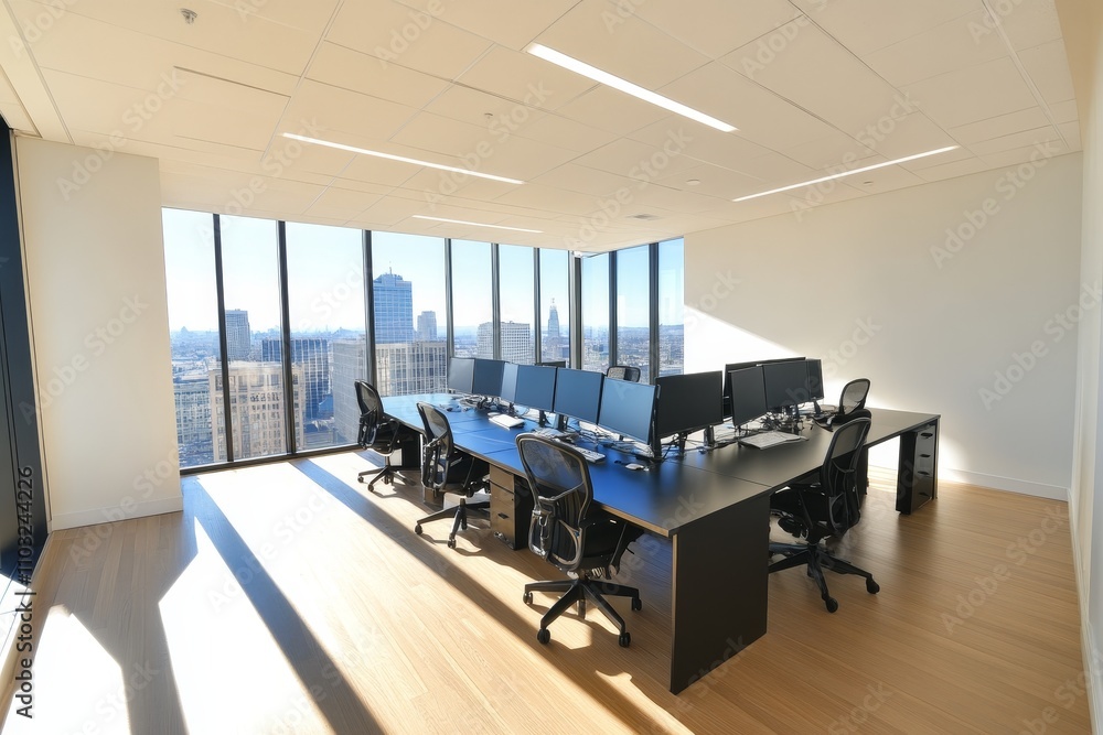Poster A modern office space with large windows overlooking a cityscape, featuring a long desk with multiple computers and black chairs.