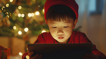 Boy in red christmas hat play on tablet at home near christmas tree in the evening.