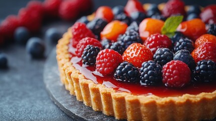 Freshly made fruit tart showcasing a colorful variety of fruits on a golden pastry base, a close-up...