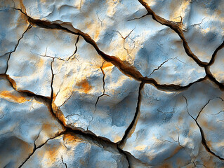 Close-up of cracked, dry earth with textured surface and light and shadow details.