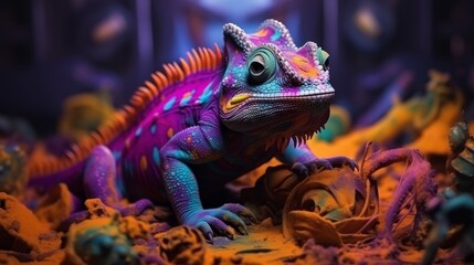 Fototapeta premium Vibrant chameleon amidst a burst of paint a stunning concept of novel creativity