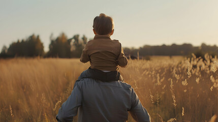 Father and little son in field. Boy sitting on daddy's shoulders.