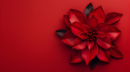 Red Christmas flower top view on red background. New year and christmas concept. Copy space.