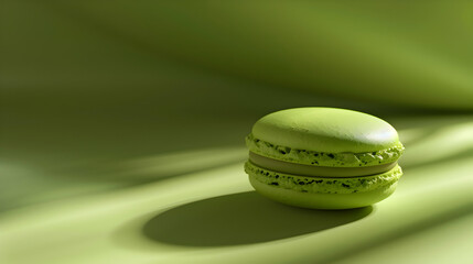 Green macaroon on 3D background. Minimal concepts. Tasty almond cookies. Copy space.