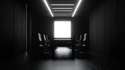 A black image featuring a focus of light in a meeting room, highlighting the central area with a dramatic contrast between the surrounding darkness and the illuminated space.