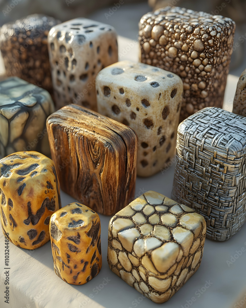 Poster collection of textured cubes with various patterns and materials.