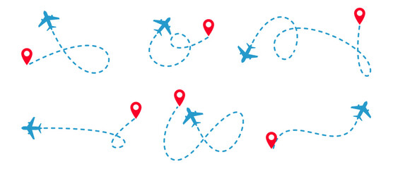 plane travel route trip with map pin destination