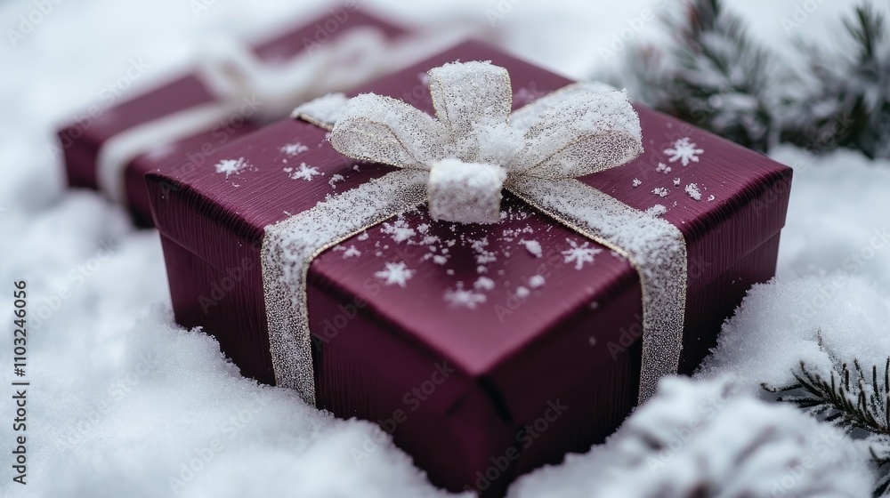 Poster a large, shiny red box with a white bow on top is sitting on top of a pile of snow. the box is wrapp