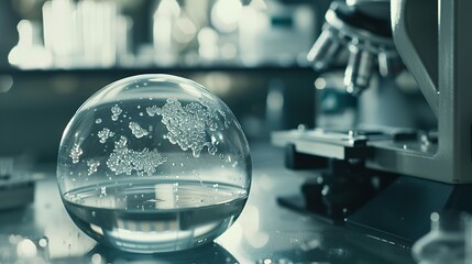 Close-up of petri dish with stem cells under microscope, symbolizing medical research and healing potential, surrounded by scientific equipment and lab tools.
