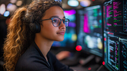 Female programmer with headset and glasses working on computer screens with code for technology, cybersecurity and innovation. Focused woman, software development and IT for data analysis or coding