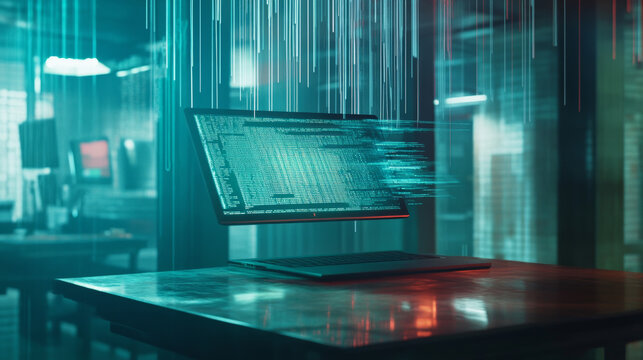 Software development. Programming, coding and software testing on laptop. Laptop hanging over table with program code on the screen. Digital Computer technology isometric background concept.