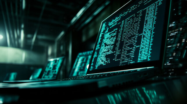 Software development. Programming, coding and software testing on laptop. Laptop hanging over table with program code on the screen. Digital Computer technology isometric background concept.