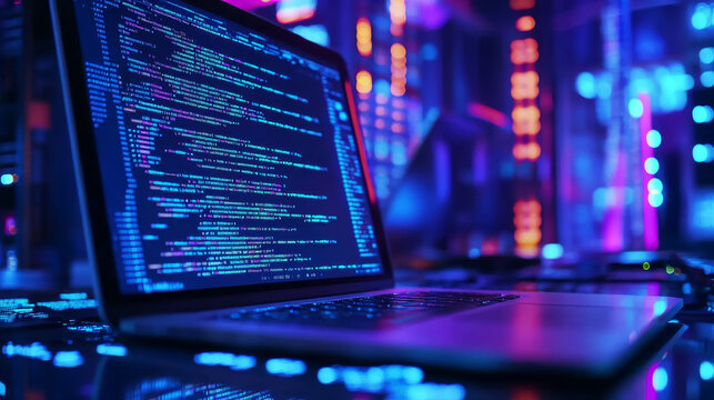 Software development. Programming, coding and software testing on laptop. Laptop hanging over table with program code on the screen. Digital Computer technology isometric background concept.