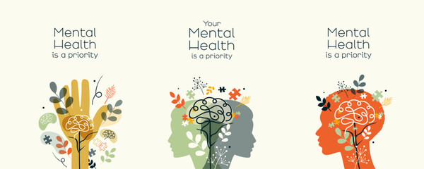 Mental Health icons. Your Mental Health is a priority.