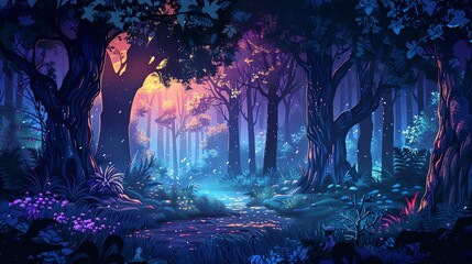 Fototapeta premium A fantasy illustration of a magical forest at night.